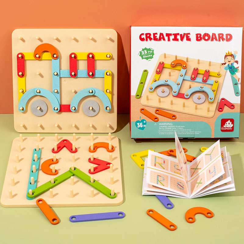 Children Wooden Toys Creative Board Nail Board Geometric Column Set Construction Puzzle Geometric Pegboard Montessori Sensory