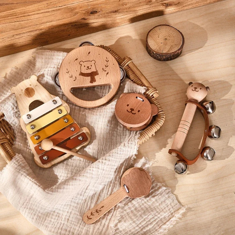 Baby Musical Toys Wooden Bear Rattle Bell Drum Xylophone Percussion Early Educational Instrument Playthings for Toddlers Kids