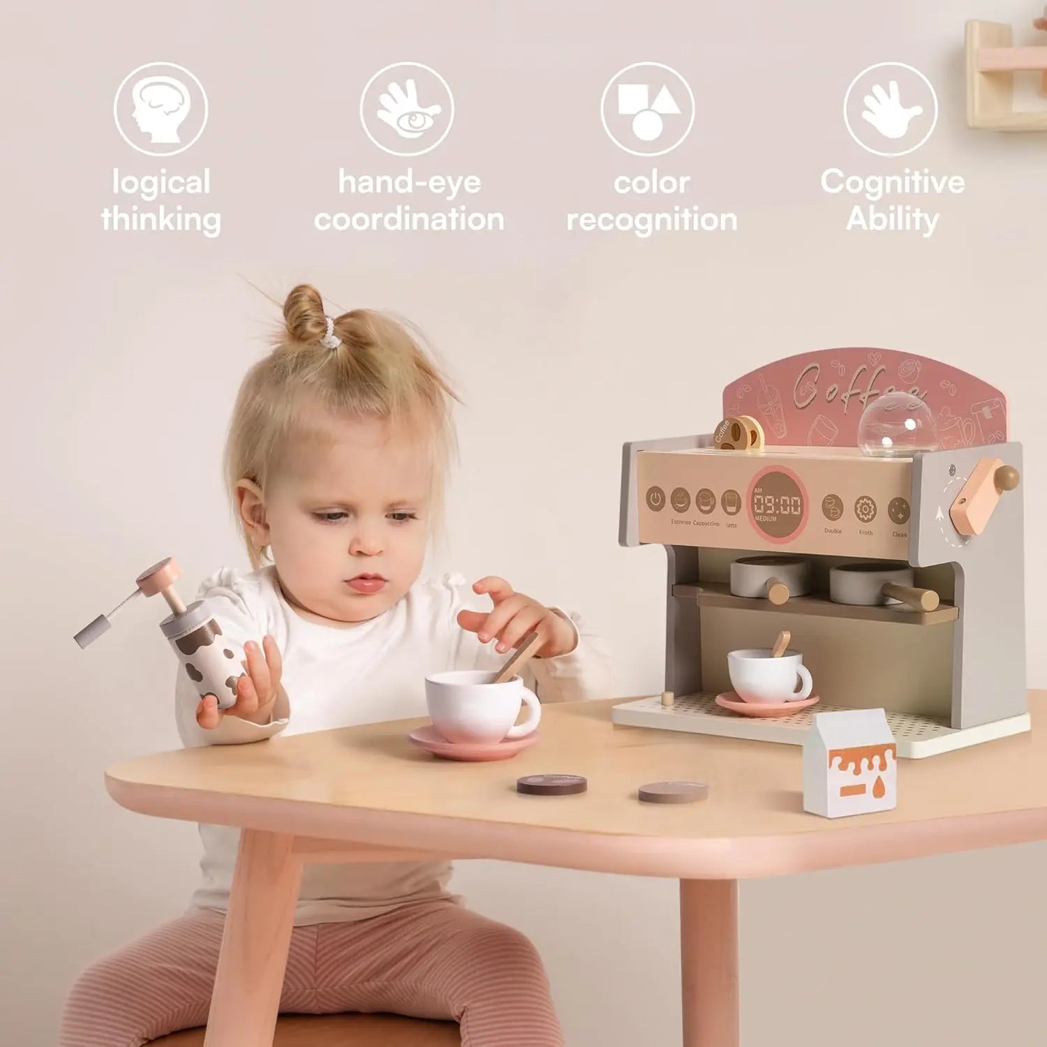 Robotime Robud Kids Coffee Maker Wooden Toy Coffee Maker Espresso Machine Play Kitchen Accessories Toy Sets Girls and Boys