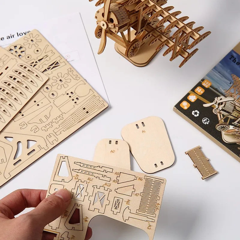 OUZEY 3D Wooden Puzzle Bi-Plane Classic Aircraft Model Kits DIY Wooden Blocks Assembly Toys Home Desk Decor Gift for Adults