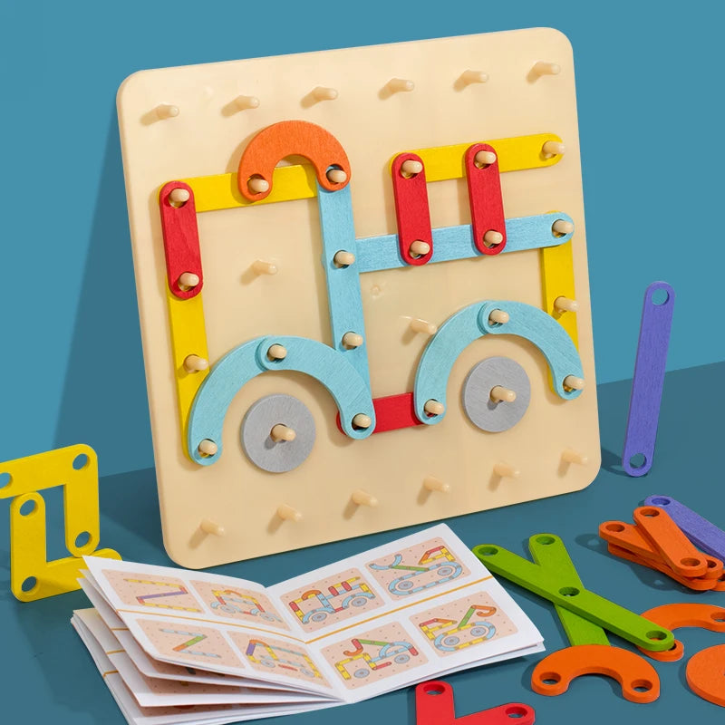 Children Wooden Toys Creative Board Nail Board Geometric Column Set Construction Puzzle Geometric Pegboard Montessori Sensory