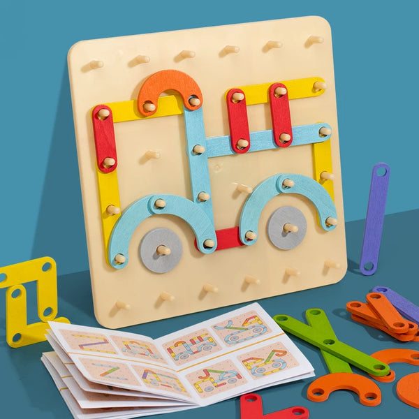 Children Wooden Toys Creative Board Nail Board Geometric Column Set Construction Puzzle Geometric Pegboard Montessori Sensory