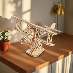 OUZEY 3D Wooden Puzzle Bi-Plane Classic Aircraft Model Kits DIY Wooden Blocks Assembly Toys Home Desk Decor Gift for Adults