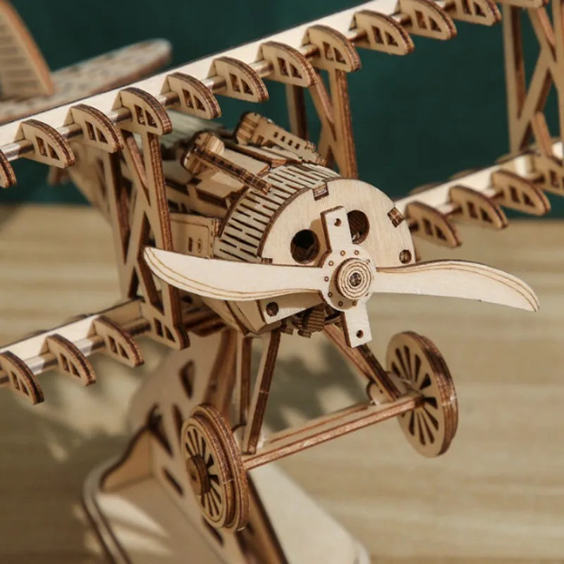OUZEY 3D Wooden Puzzle Bi-Plane Classic Aircraft Model Kits DIY Wooden Blocks Assembly Toys Home Desk Decor Gift for Adults