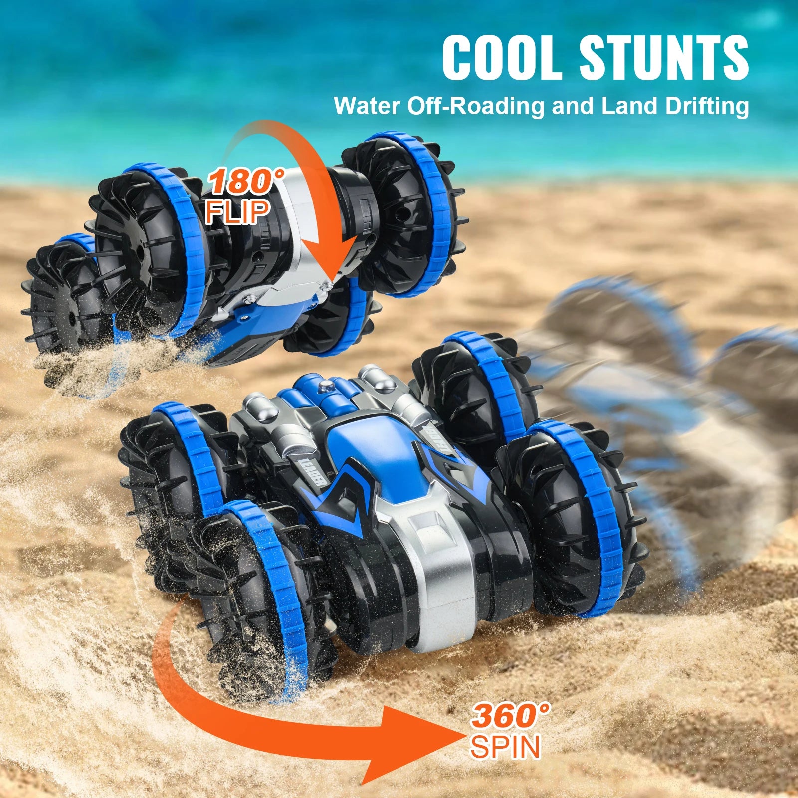 SucceBuy Blue/Yellow Amphibious RC Car Boat 2.4GHz 12 km/h Electric Remote Control 360° Rotating Stunt Car Water Beach Pool Toys