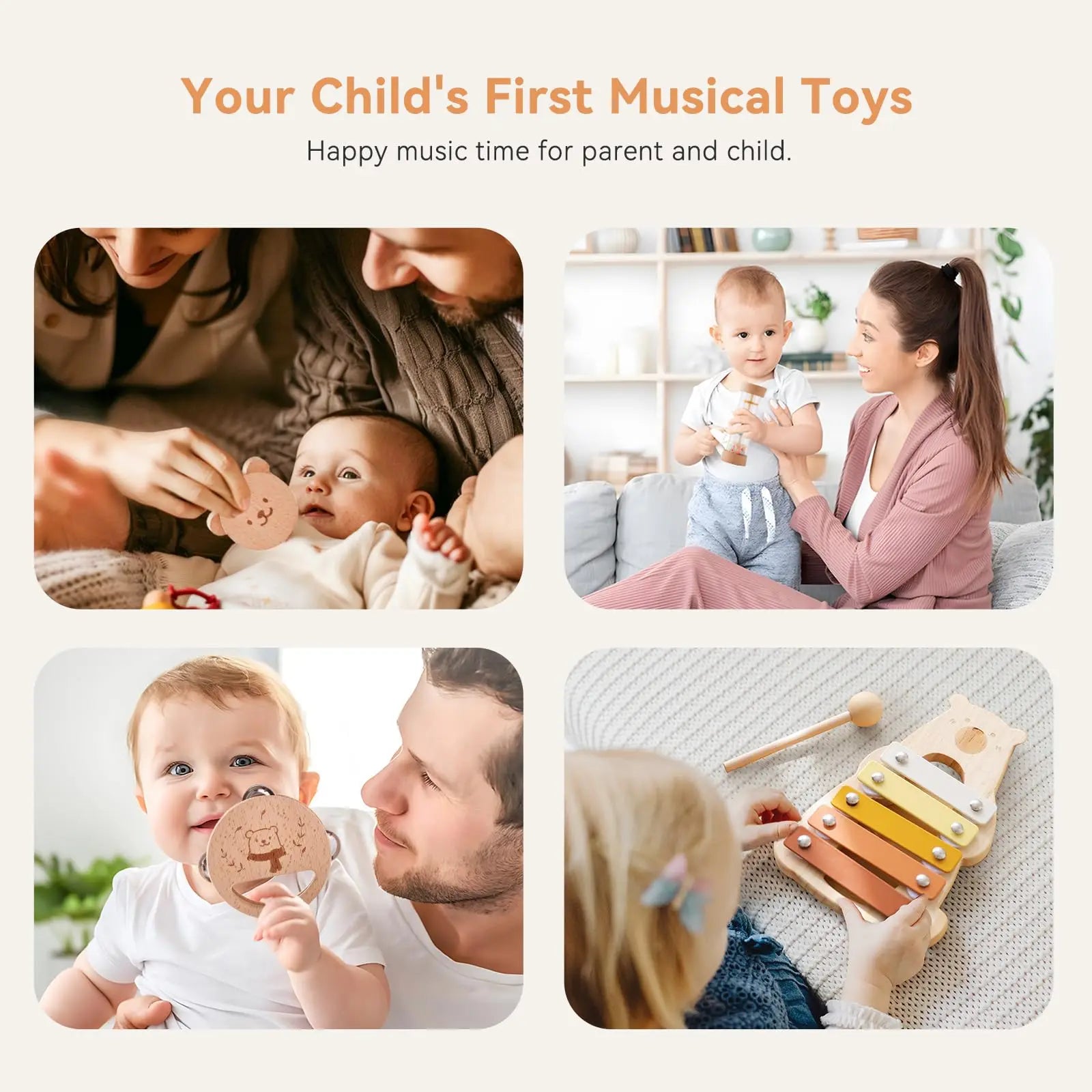 Baby Musical Toys Wooden Bear Rattle Bell Drum Xylophone Percussion Early Educational Instrument Playthings for Toddlers Kids