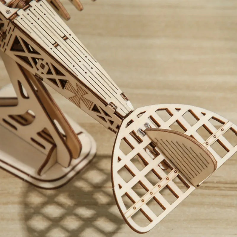 OUZEY 3D Wooden Puzzle Bi-Plane Classic Aircraft Model Kits DIY Wooden Blocks Assembly Toys Home Desk Decor Gift for Adults