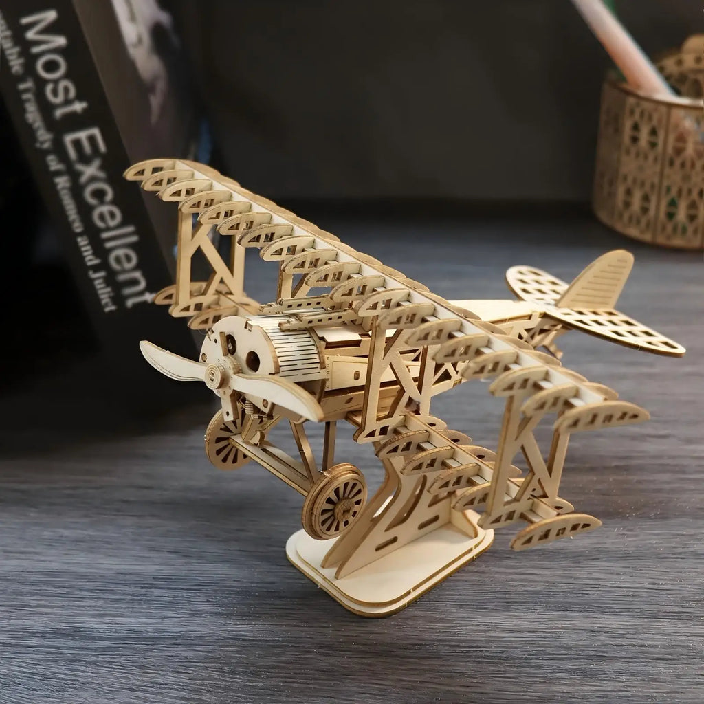 OUZEY 3D Wooden Puzzle Bi-Plane Classic Aircraft Model Kits DIY Wooden Blocks Assembly Toys Home Desk Decor Gift for Adults