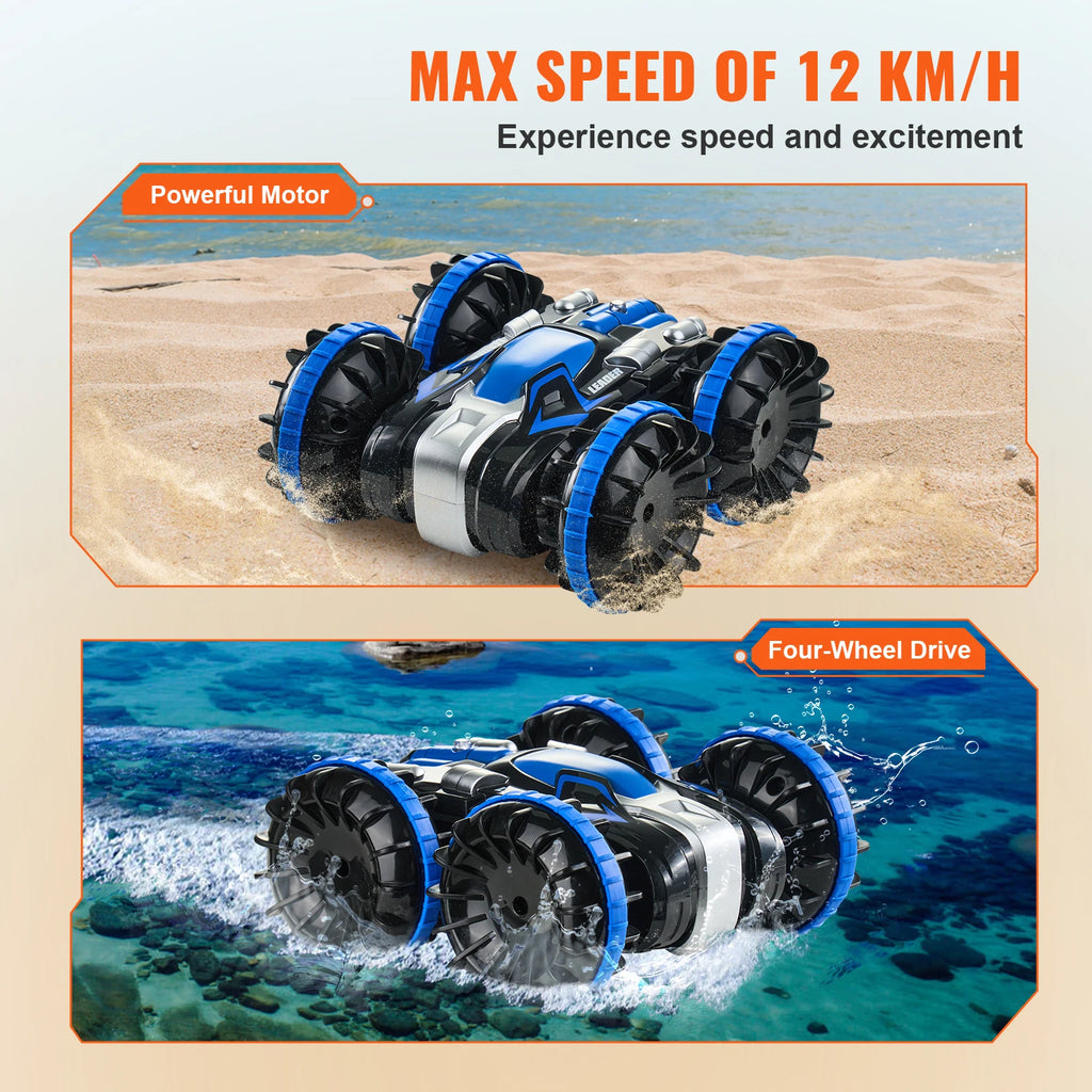 SucceBuy Blue/Yellow Amphibious RC Car Boat 2.4GHz 12 km/h Electric Remote Control 360° Rotating Stunt Car Water Beach Pool Toys