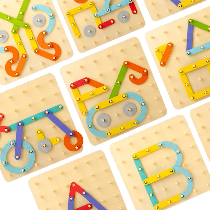 Children Wooden Toys Creative Board Nail Board Geometric Column Set Construction Puzzle Geometric Pegboard Montessori Sensory