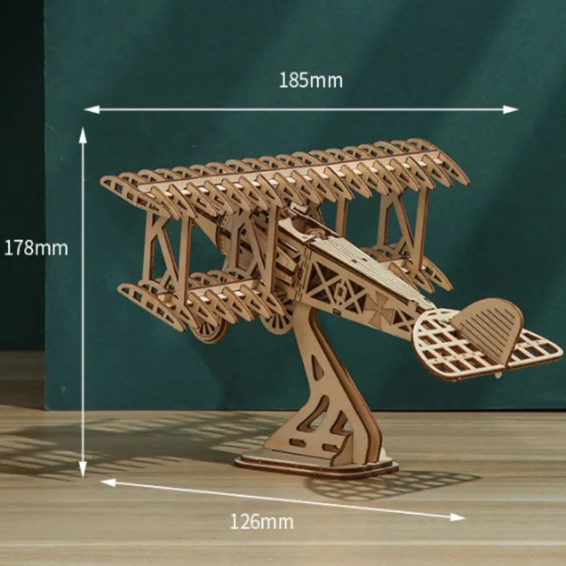 OUZEY 3D Wooden Puzzle Bi-Plane Classic Aircraft Model Kits DIY Wooden Blocks Assembly Toys Home Desk Decor Gift for Adults