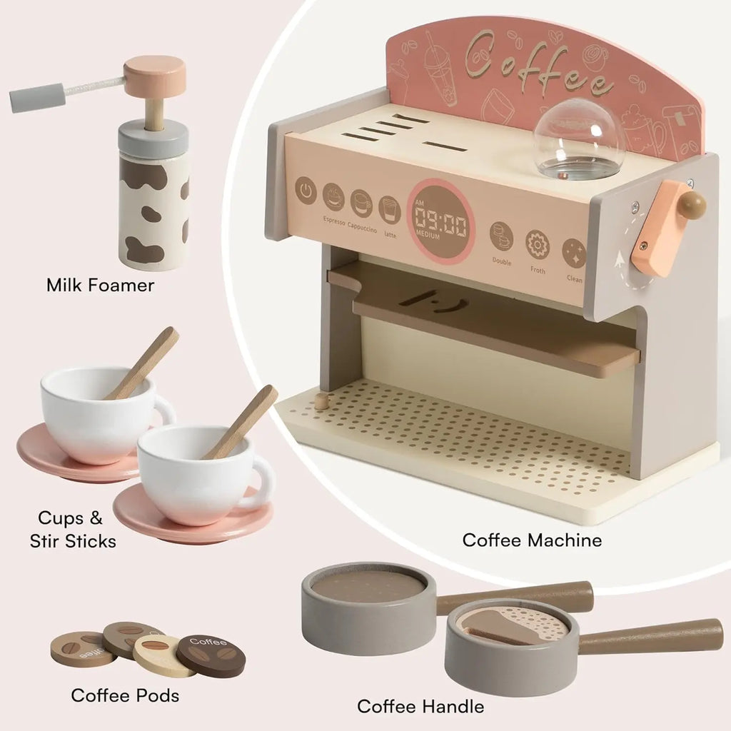 Robotime Robud Kids Coffee Maker Wooden Toy Coffee Maker Espresso Machine Play Kitchen Accessories Toy Sets Girls and Boys