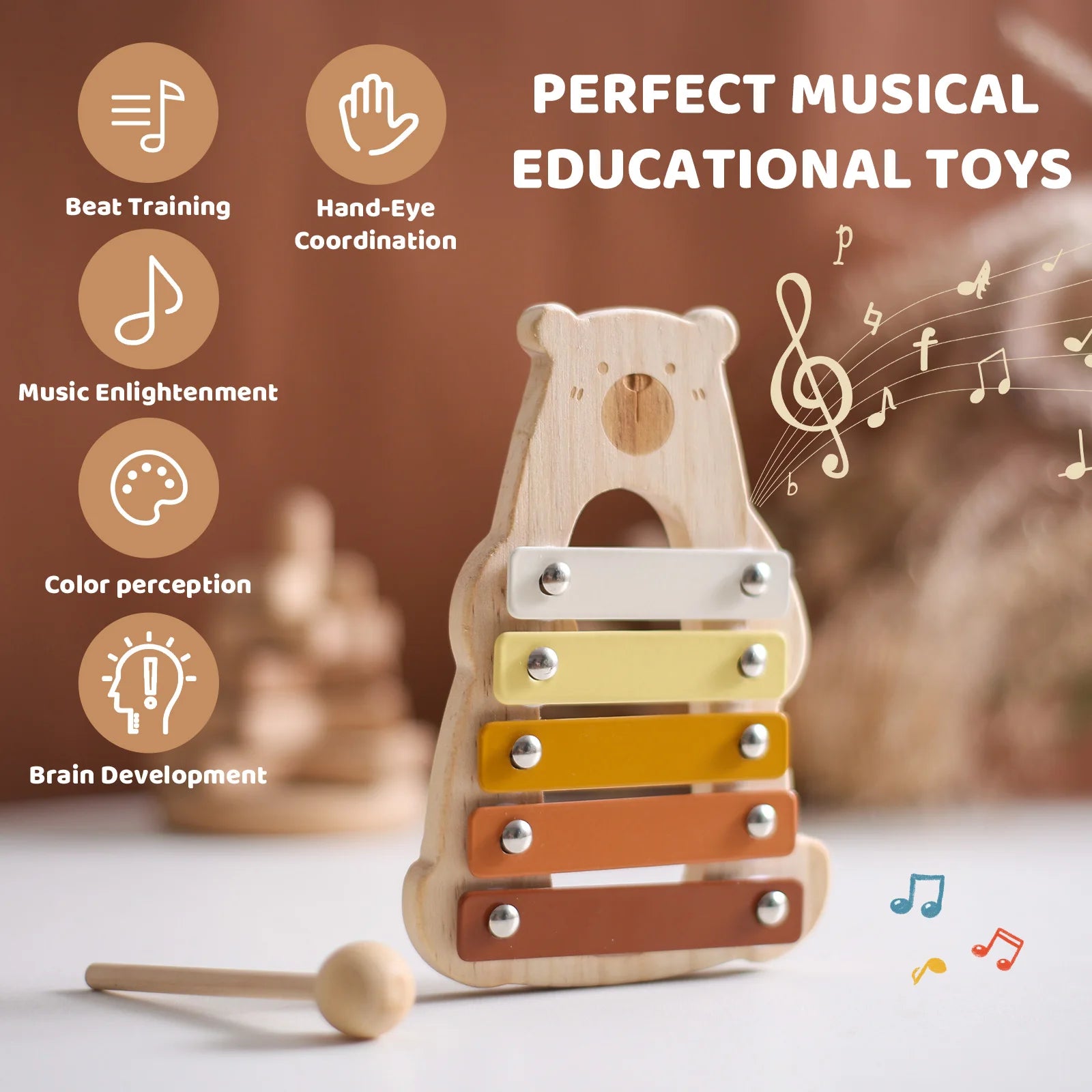 Baby Musical Toys Wooden Bear Rattle Bell Drum Xylophone Percussion Early Educational Instrument Playthings for Toddlers Kids