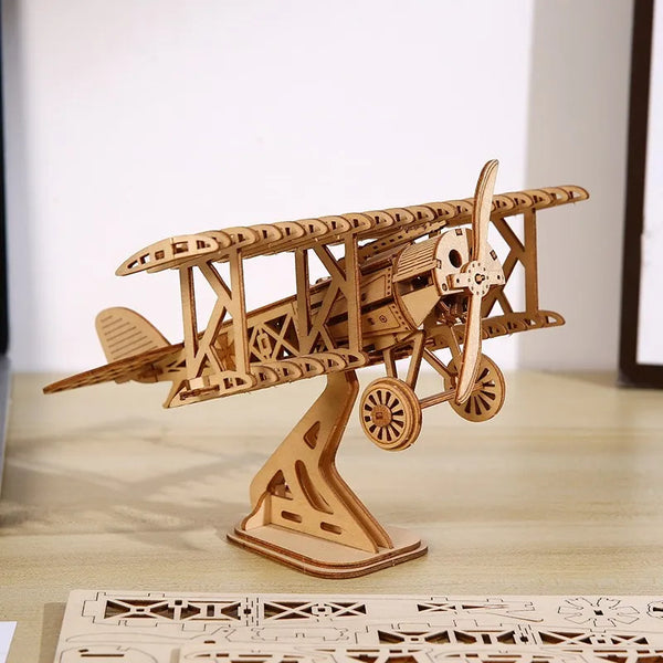 OUZEY 3D Wooden Puzzle Bi-Plane Classic Aircraft Model Kits DIY Wooden Blocks Assembly Toys Home Desk Decor Gift for Adults