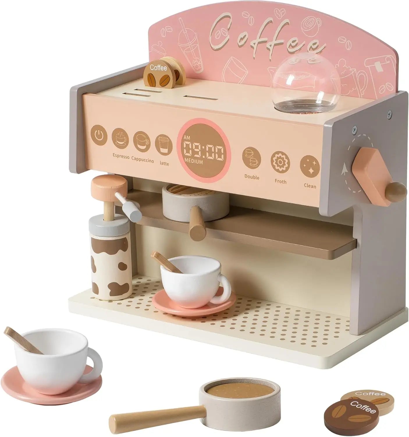 Robotime Robud Kids Coffee Maker Wooden Toy Coffee Maker Espresso Machine Play Kitchen Accessories Toy Sets Girls and Boys